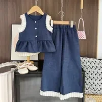 4-7 Year Old Summer Blue Girls Suit Round Neck Lace Patchwork Sleeveless Single Breasted Top+pants Two-piece Set Fashionable