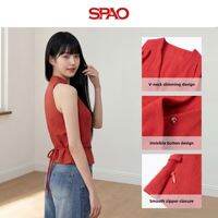 spao | Korean Style White V-Neck Sleeveless Halter Waist-Zipped Blouse