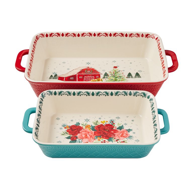 Pioneer Woman ~ Red "Dazzling Dahlias" ~ Oval Baking Dish ~ Stoneware Pan 