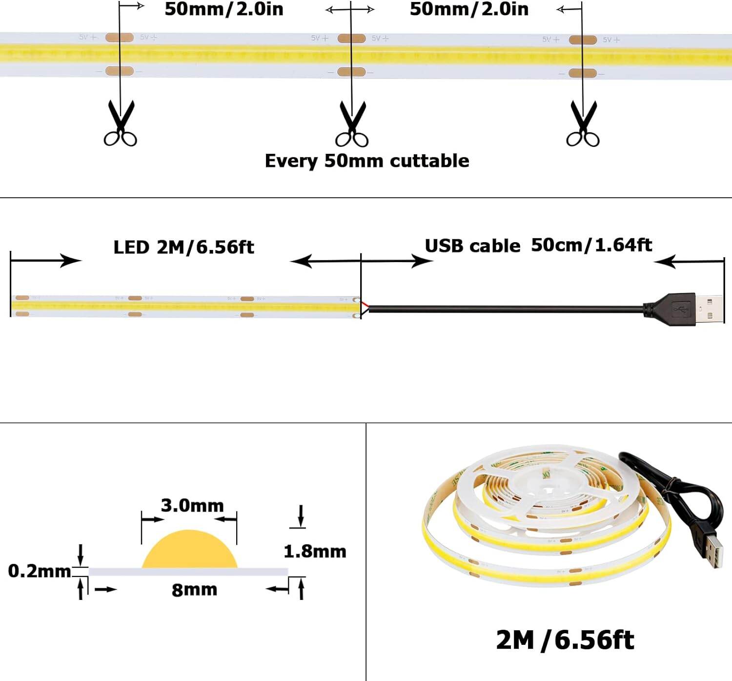 5V USB LED COB Strip White Warm White LED Strip Light TV Background Lighting Tape Home Decor Lamp 1- 5m LED String Light. 