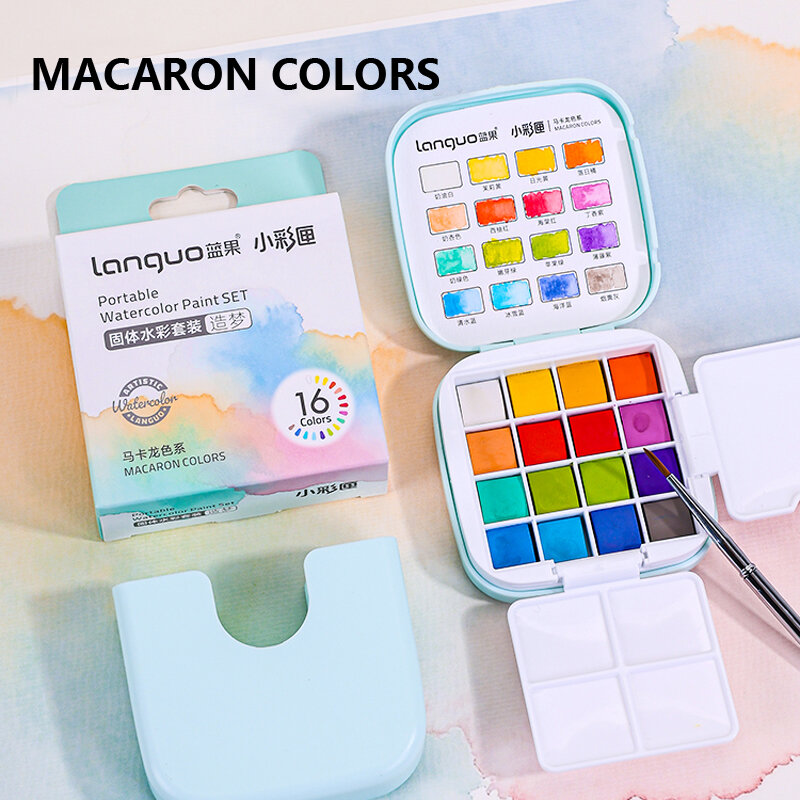 16 Colors Mini Portable Solid Watercolor Paint Set with Brush & Palette Travel Sketching Painting Box for Art Drawing Sketching