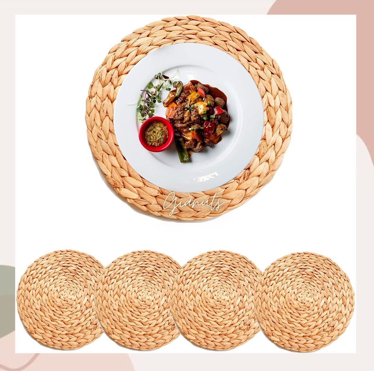 Native Round Placemat Handmade 2in1 set of Placemat 14" and Coaster 4" Heat Resistant Non-slip Table Mat for Dining