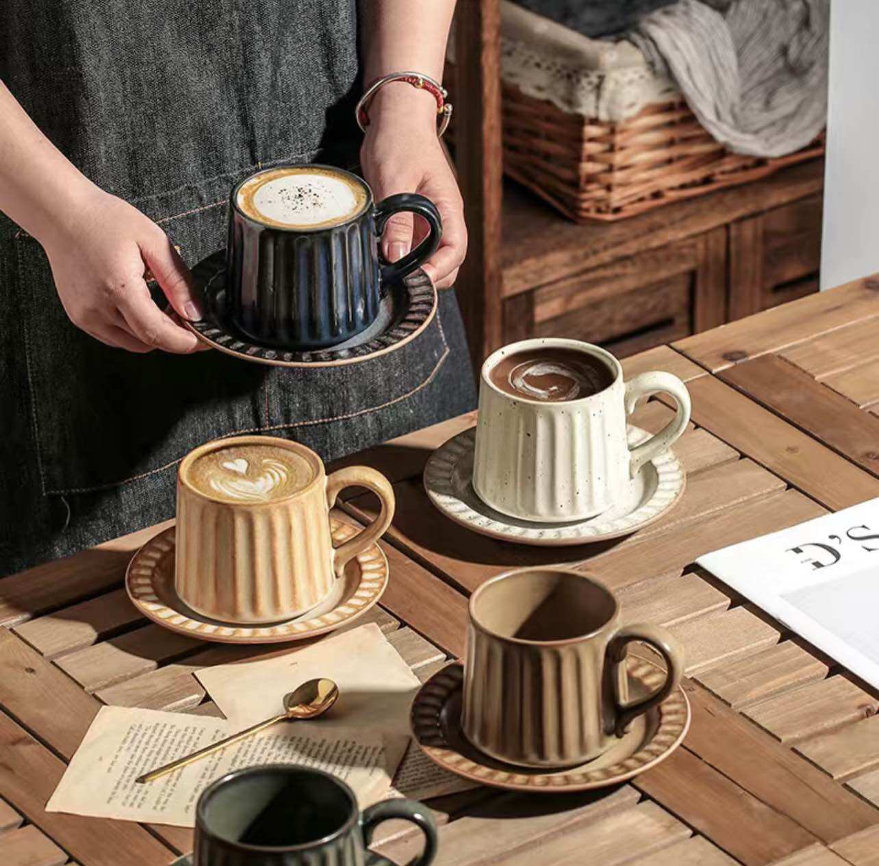 Product photo of Kitchen Plus ribbed stoneware cup and saucer (300 ml) from its Lazada listing