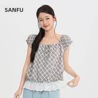 SANFU | Tie Neck Lace Patchwork Blouse Womens Top