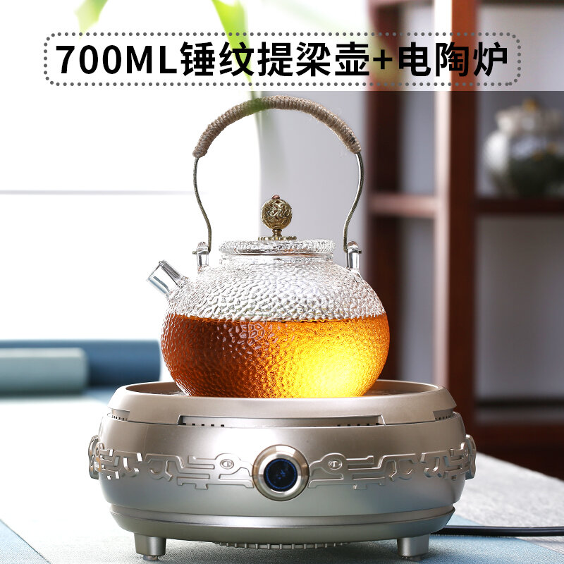 Household Heatresistant Glass Tea Pot Whack Mesh Pattern Loophandled