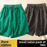 Lieoyuarn | Cotton Linen Loose Shorts Women Summer Slimming Casual Wide Leg Shorts Plus Size Breathable Comfortable Two Pack