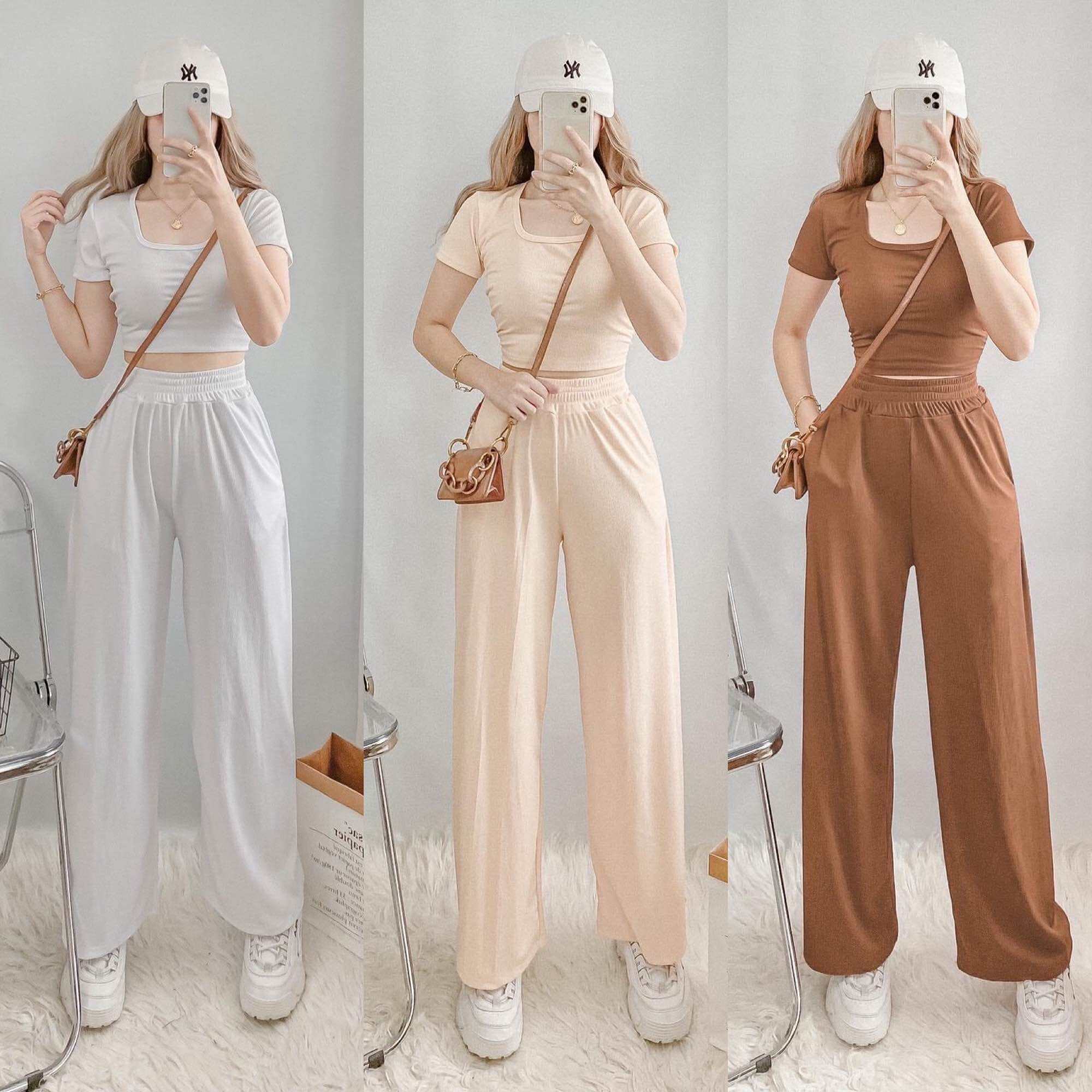 Amie Collar Crop Polo Terno Wide Leg Pants Knitted Coords Korean Style  Outfit