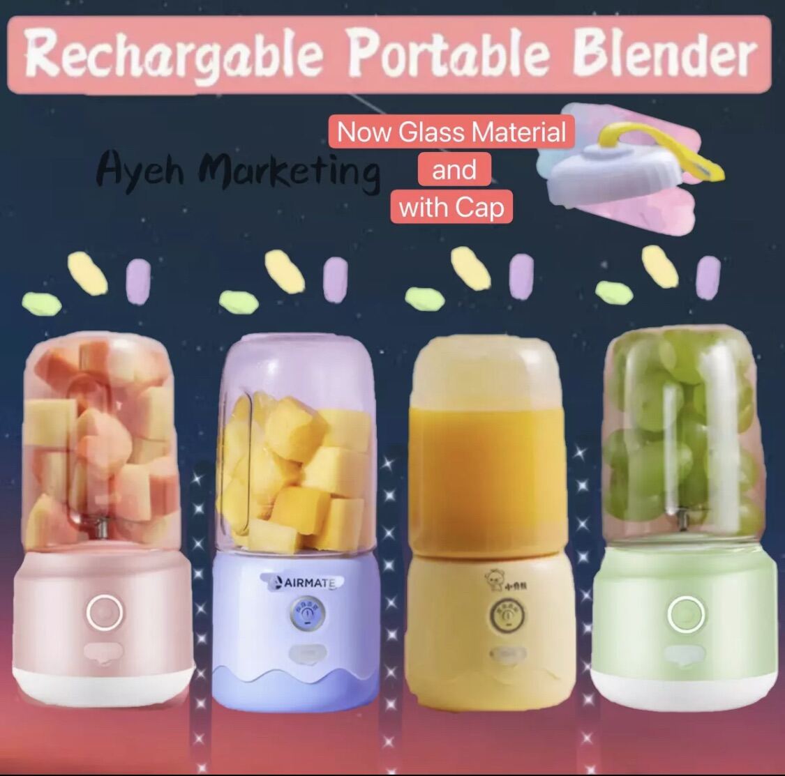 USB Rechargeable Glass Juicer Blender, 300ml - Portable Shaker