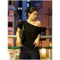 HUOLISI | Celeb-Style Asymmetric Shoulder T-Shirt Women Loose Black