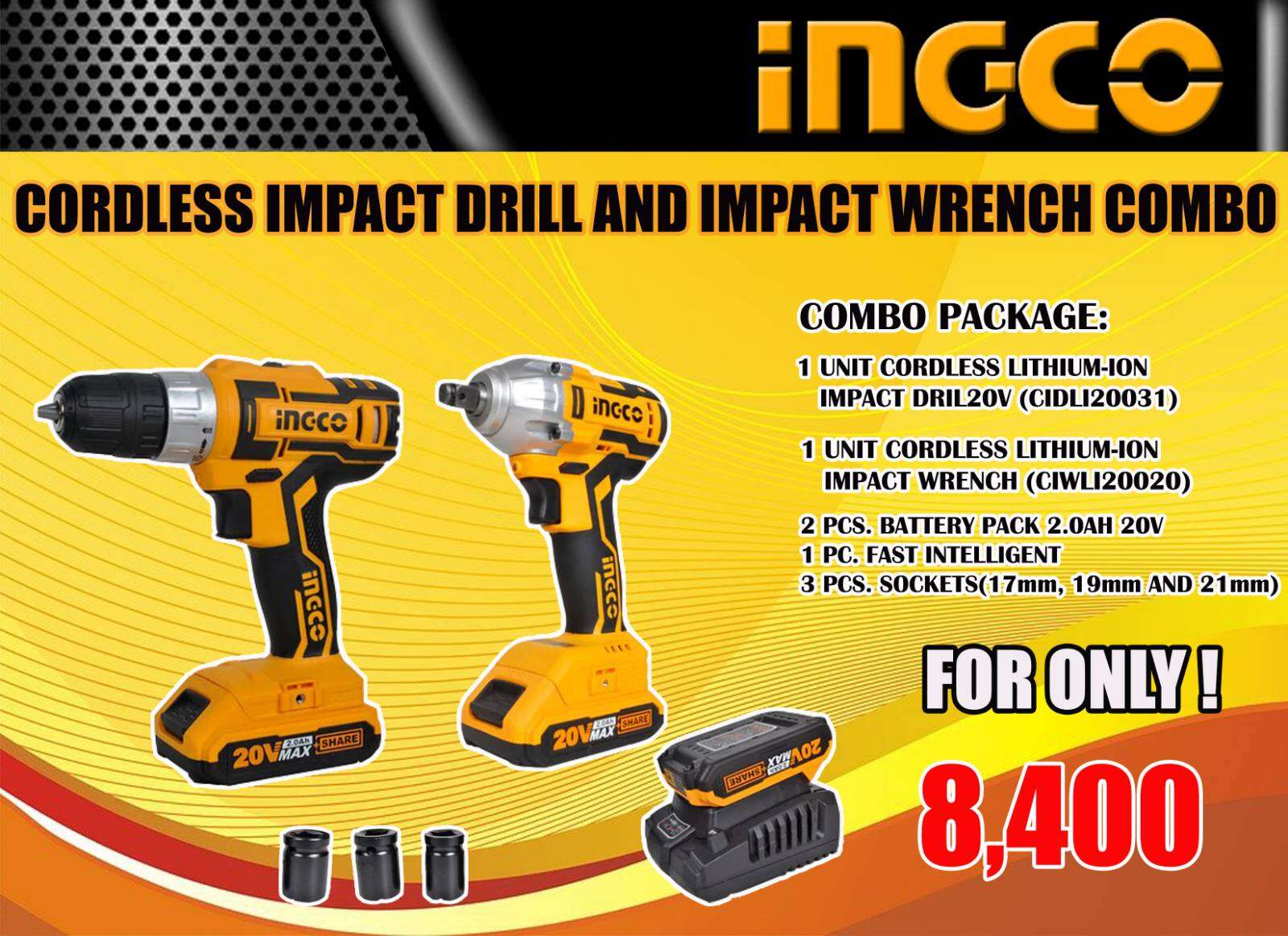 INGCO CORDLESS IMPACT DRILL,IMPACT WRENCH,DRILL 20V COMBO PROMO Lazada PH