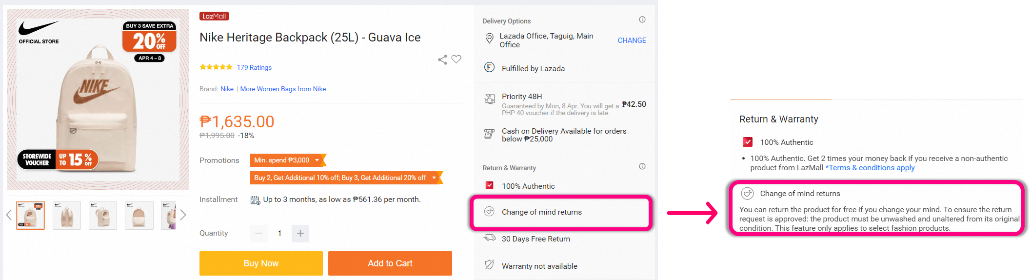What is the returns policy for "Change of Mind"? Lazada
