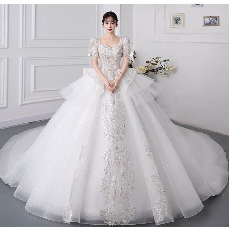 Ball Gown Wedding Dress Elegant Princess Cap Sleeve Applique Lace