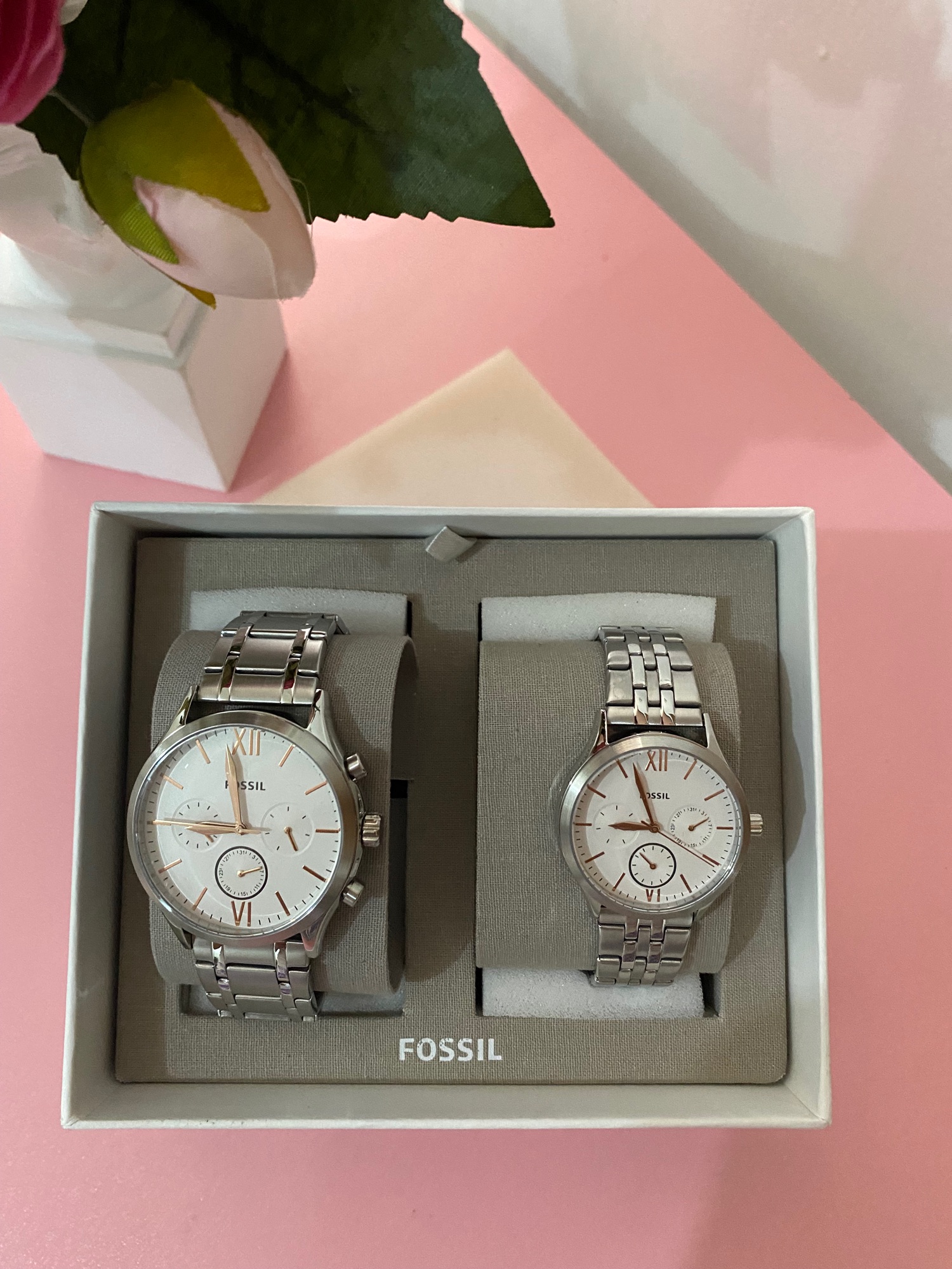 Fossil His and Her Fenmore Midsize White multifunction stainless steel ...