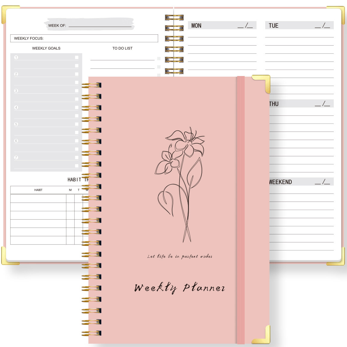 A5 Weekly Planner Spiral Bound Pink Floral Planner with to Do List Habit Tracker for Work Study