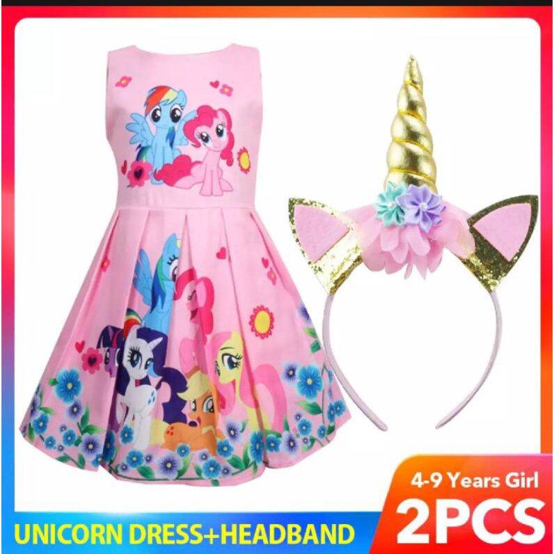 Product photo of Pink unicorn dress with horn headband (3-10 yrs) from its Lazada listing
