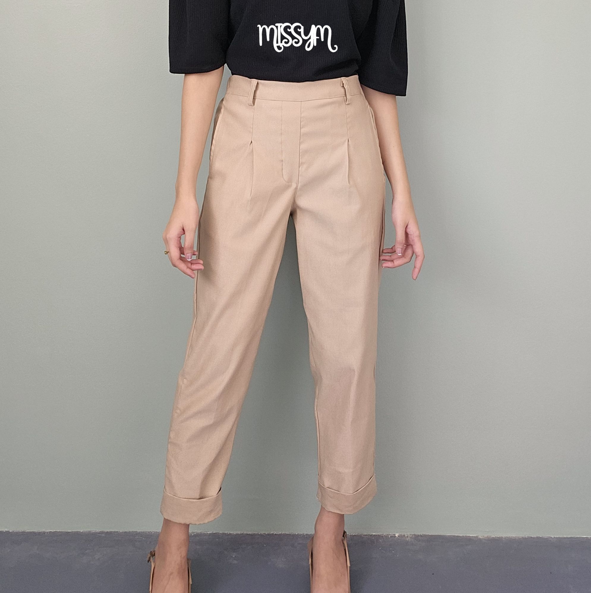 High Waist Plicated Detail Pants With Side Pockets and Belt Holes Trouser  Pants 19A0054