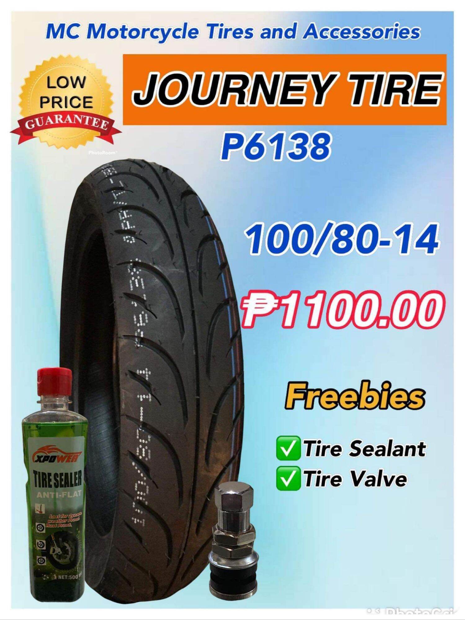 JOURNEY TIRE Size 14"(Click, Beat, Mio, any motor size 14") with Pito & Sealant, Heavy Duty. 