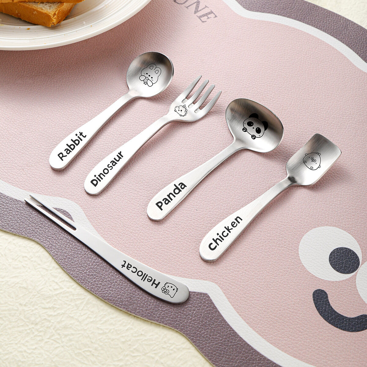 Cartoon Stainless Steel 304 Childrens Spoon Fork Set Cute Wind Kids Dining Utensils Dessert Spoon Nursery Spoon Learning to Eat