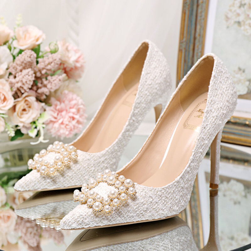 New Chanel Style Pearl Drill Buckle High Heels Stiletto