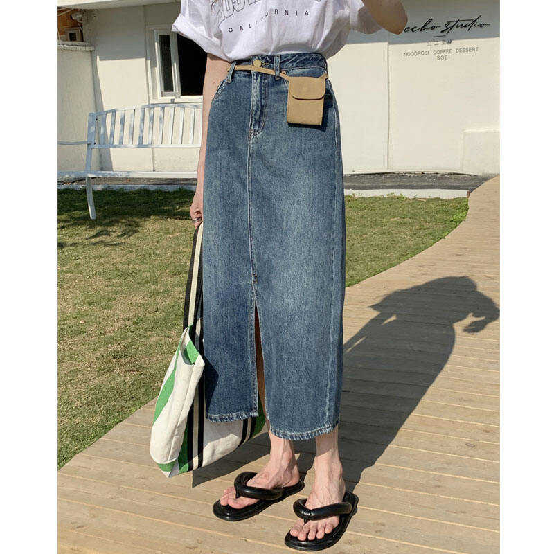 Retro Denim Split Skirt Women's Summer Mid-Length A- line Skirt 2023 ...