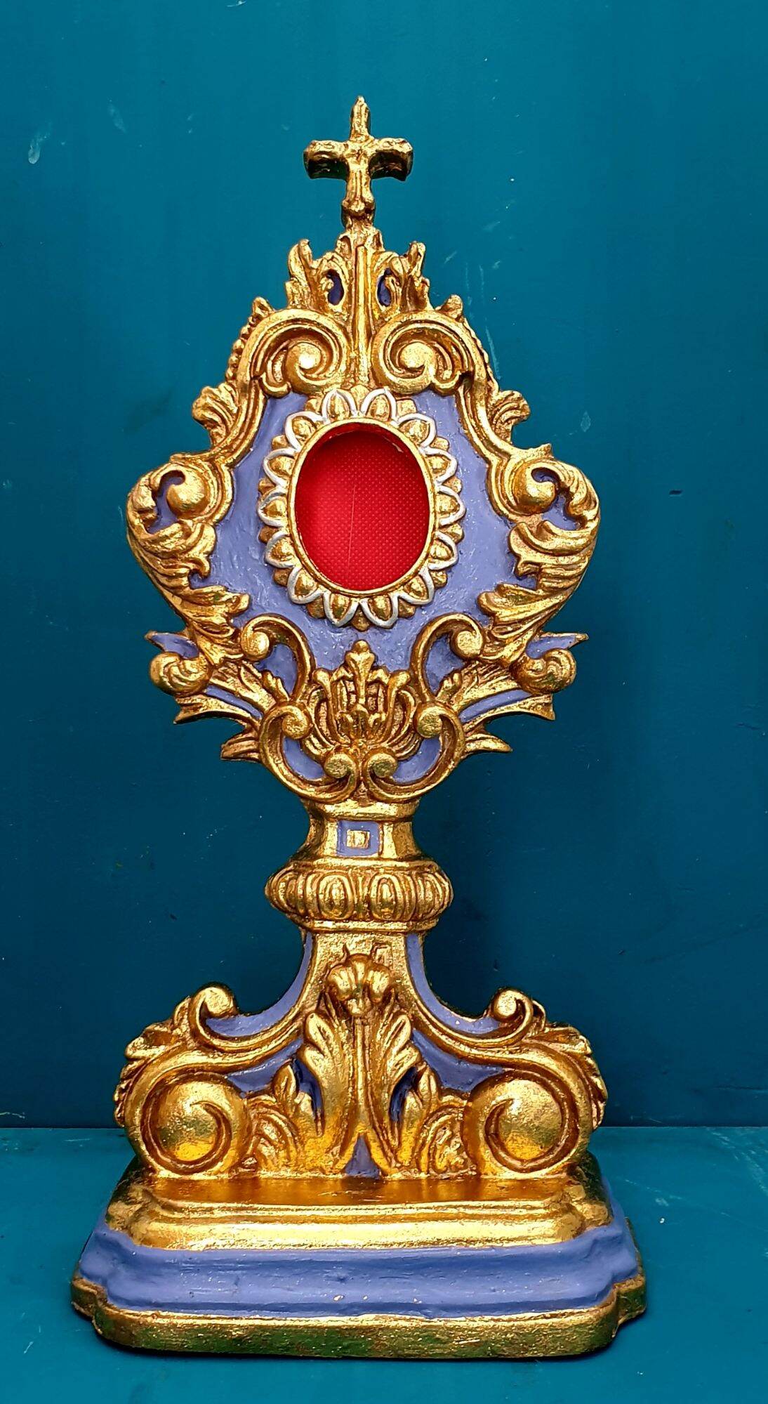 Polished Church Reliquary, Gold Tone Ornate Tabletop Relic Display with