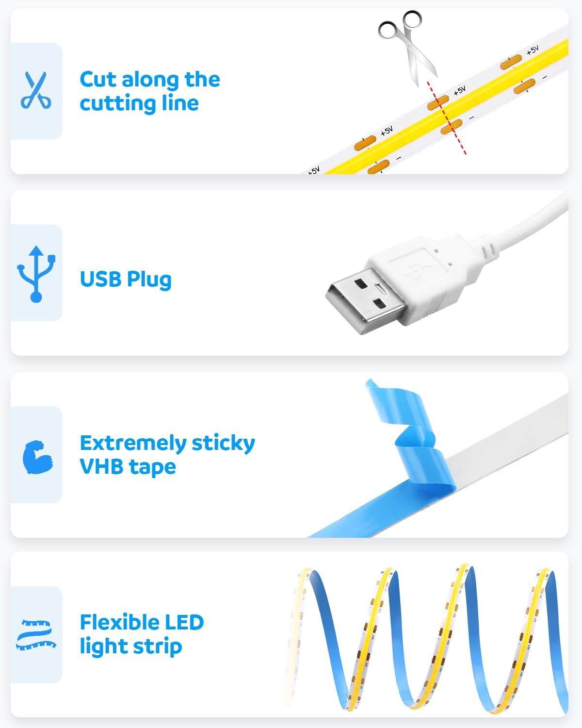 5V USB LED COB Strip White Warm White LED Strip Light TV Background Lighting Tape Home Decor Lamp 1- 5m LED String Light. 