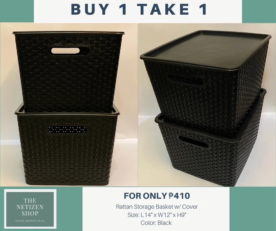 Rattan Style Plastic Storage Basket Container with Lid - Black - B