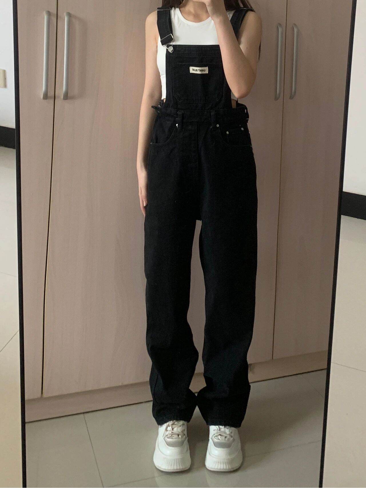 Black Denim Suspender Pants for Women Spring and Autumn New