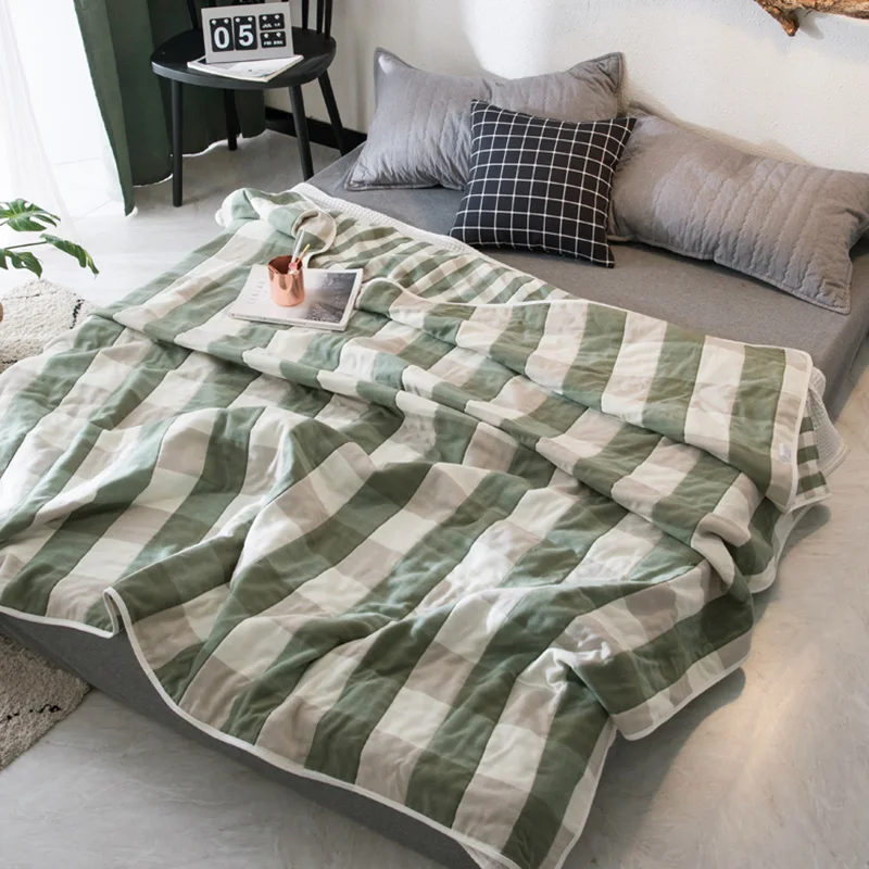 Japanese Pure Cotton Six-Layer Gauze Towel Blanket Double Summer Simple Design Plaid Cotton Thin Cover Blanket Summer Blanket Single