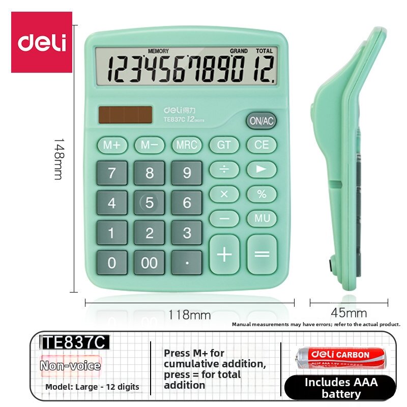 deli | Solar Battery Large Screen Easy-to-use Calculator