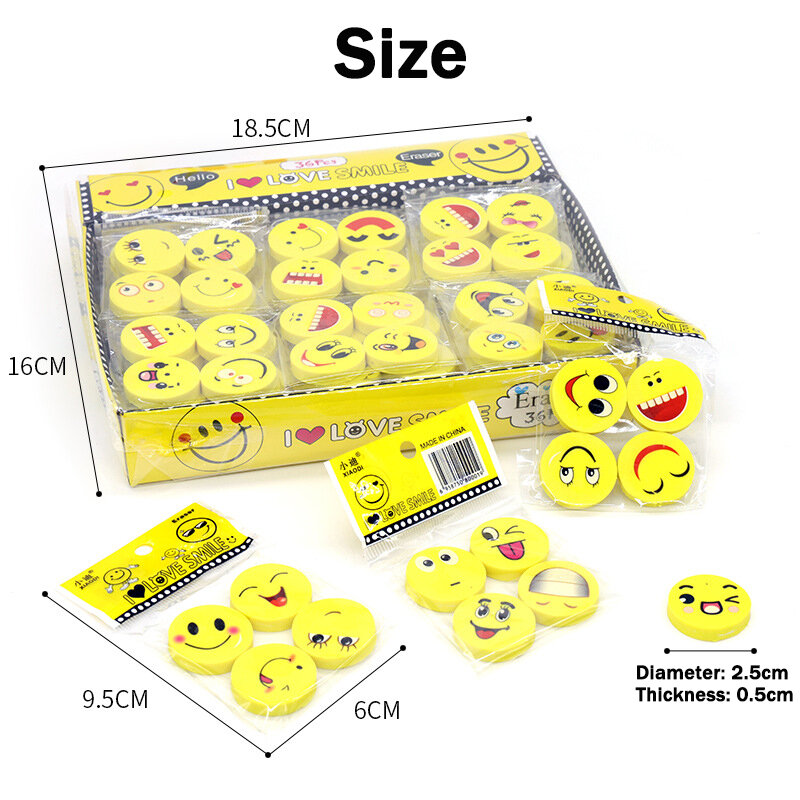 18 EMOJI EMOTICON ERASERS, SMILE ERASER 1' SIZE, GREAT PARTY