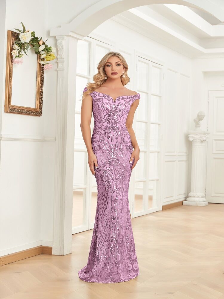 slim fit dress slacks Tulle Sequin Lace Cold-Shoulder Ruffle Tiered Long Prom Dress main image 0