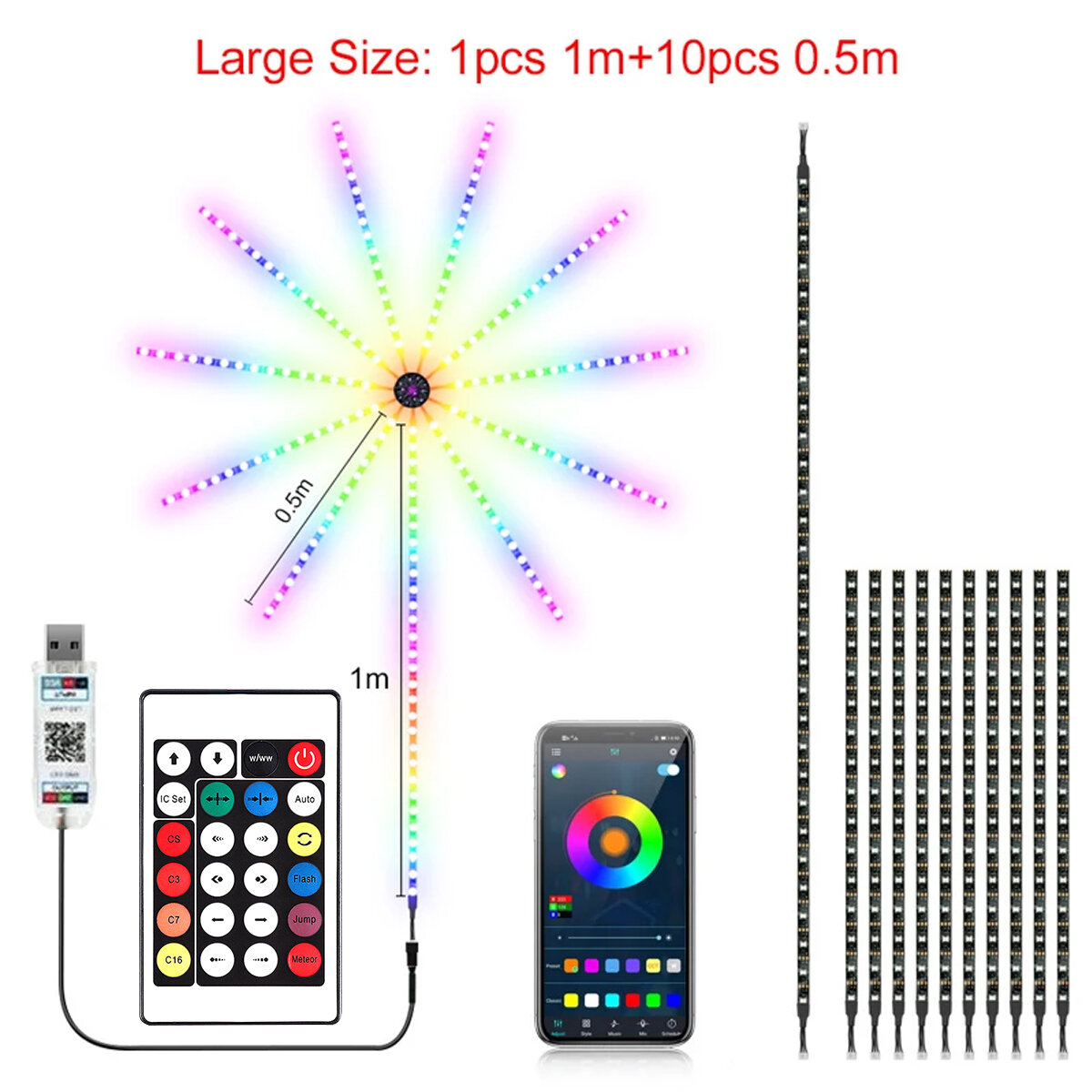 5V RGB IC LED fireworks strip light 213 dynamic modes Christmas decoration light fairy light remote control + APP sound synchronous flashing suitable for parties birthdays and weddings