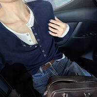 CHOEFULYN | Navy Henley Style T-Shirt for Women