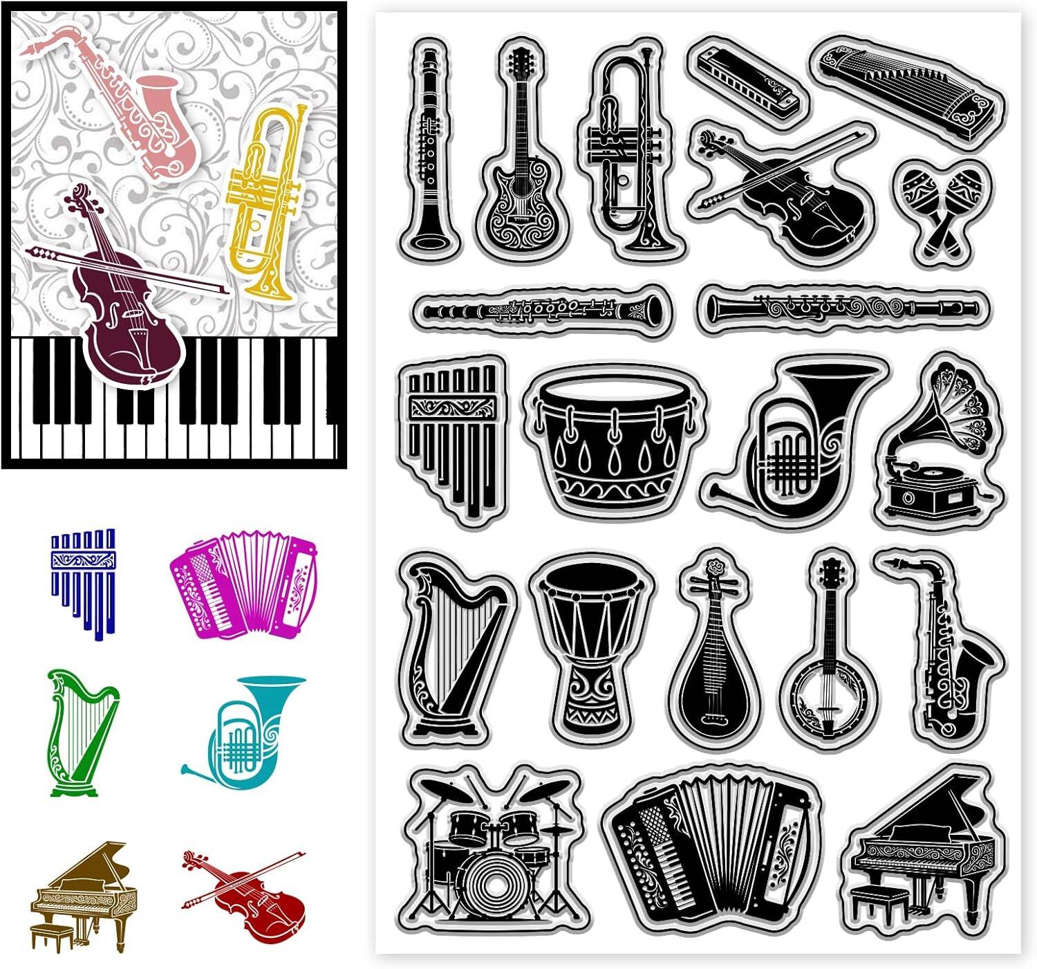 Clear Stamps Musical Instruments Illustrated Guide Pattern Stamp Seal for DIY Scrapbooking and Card Making Paper Craft