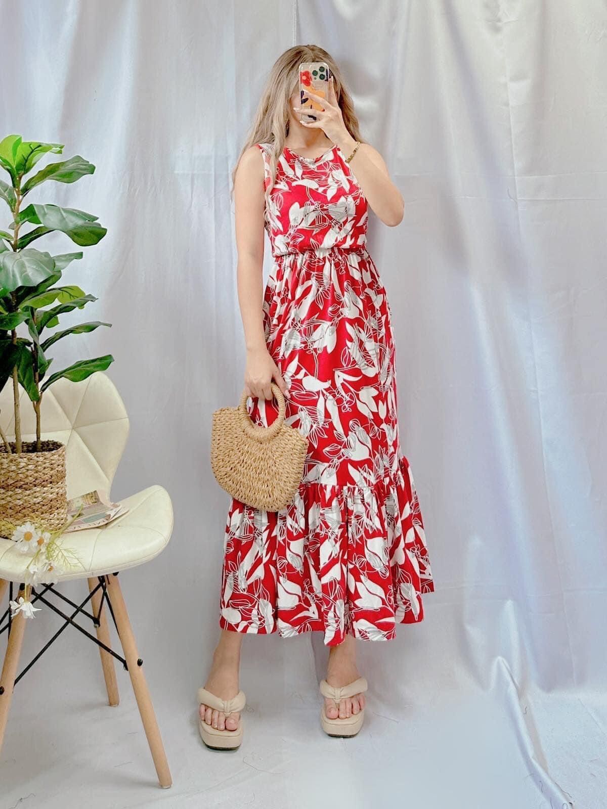 knee length dresses for ladies Laura V-neck Linen Jumpsuit-Red, Ivory Stripe
