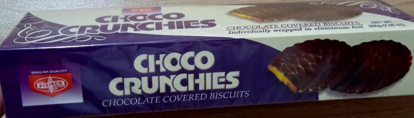 200g Choco Crunchies. Chocolate Covered Biscuits. Individually wrapped in aluminum foil.. 