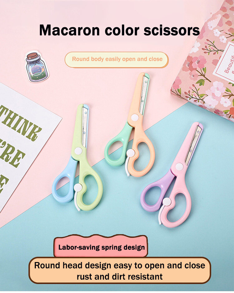 Macaron-Colored Safety Scissors With Spring Design For Diy