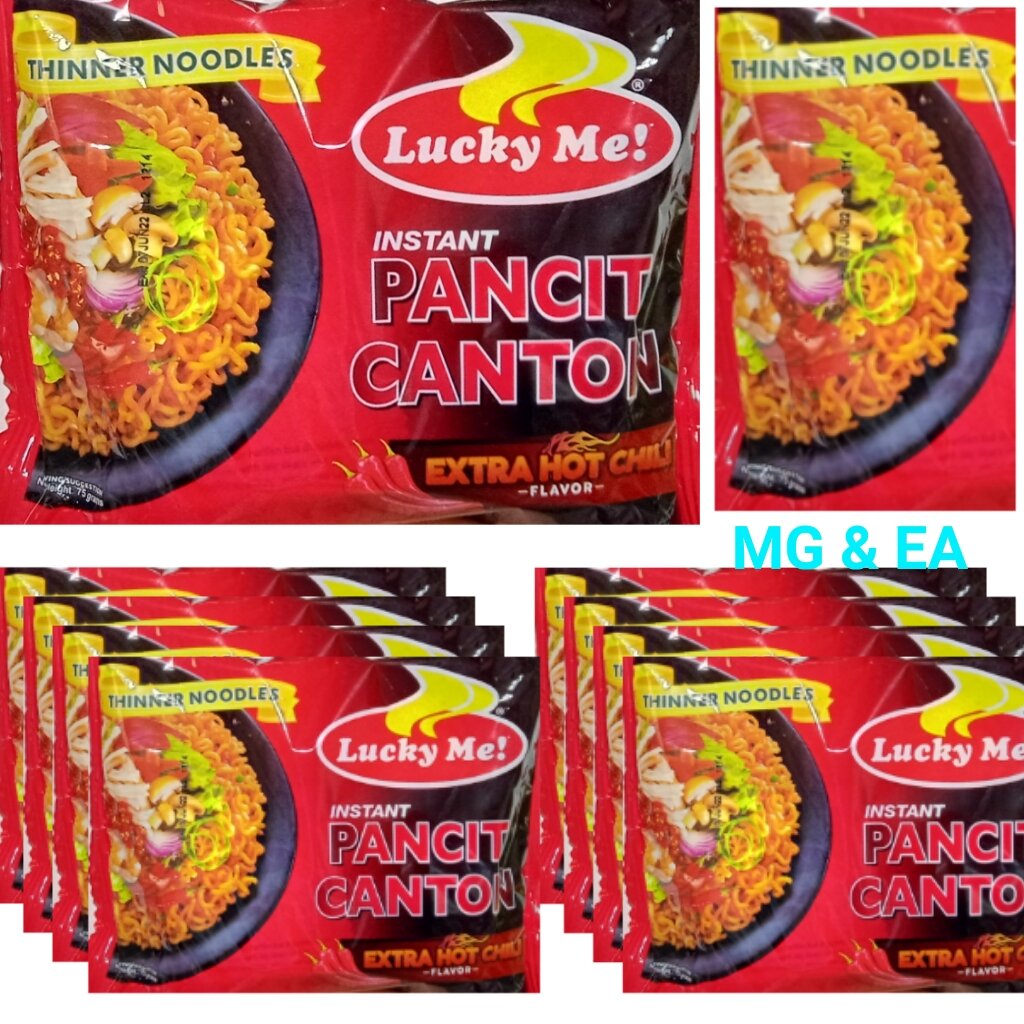 320g Lucky Me! Instant Pancit Canton. 80g in every pack. Sold by 4packs . Thinner Noodles in Extra Hot Chili flavor.