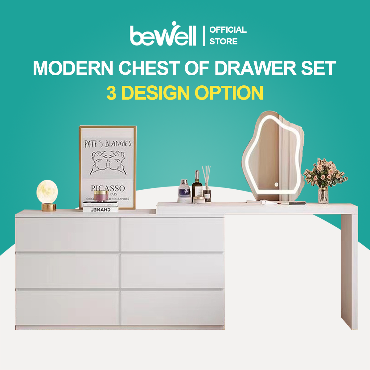 Bewell Modern Minimalist Chest of Drawers and Makeup Table