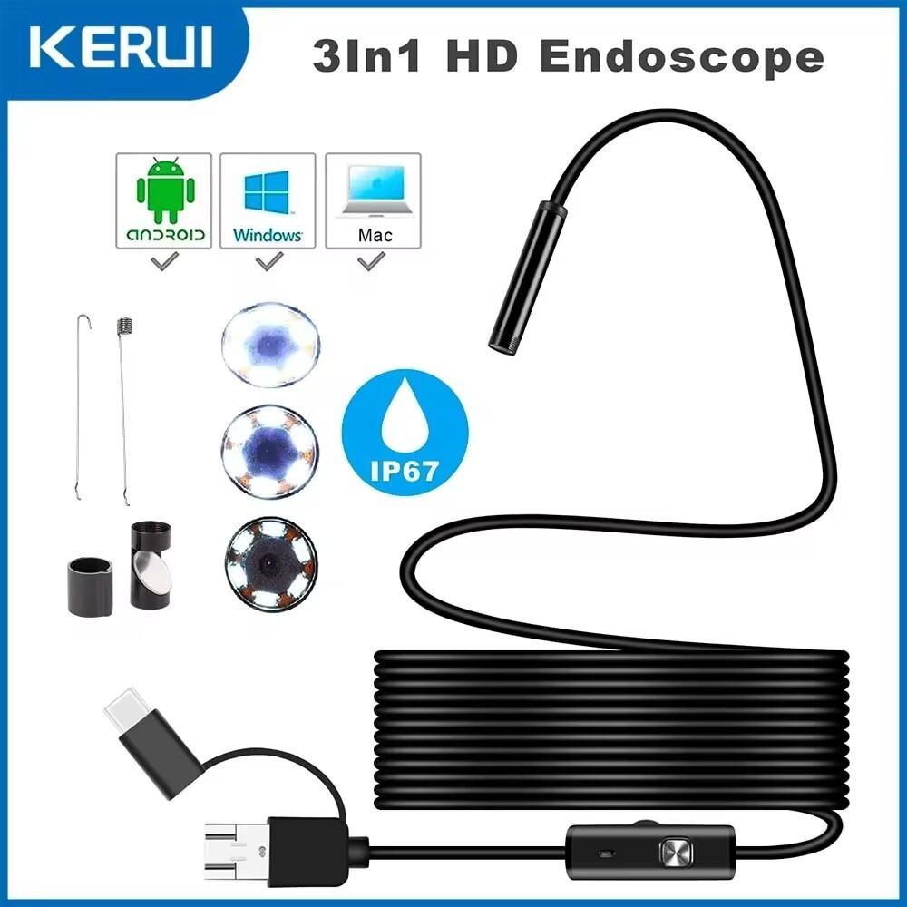 7MM Android Endoscope Camera 3 IN1 Micro Usb Type C Borescope Mini Camera Waterproof Led Car Inspection For Huawei Xiaomi PC