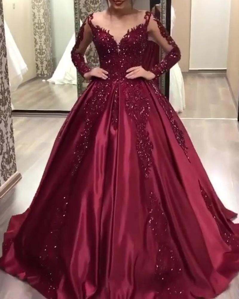 Women Red Party Dress Lady Long-Sleeved Evening Gown