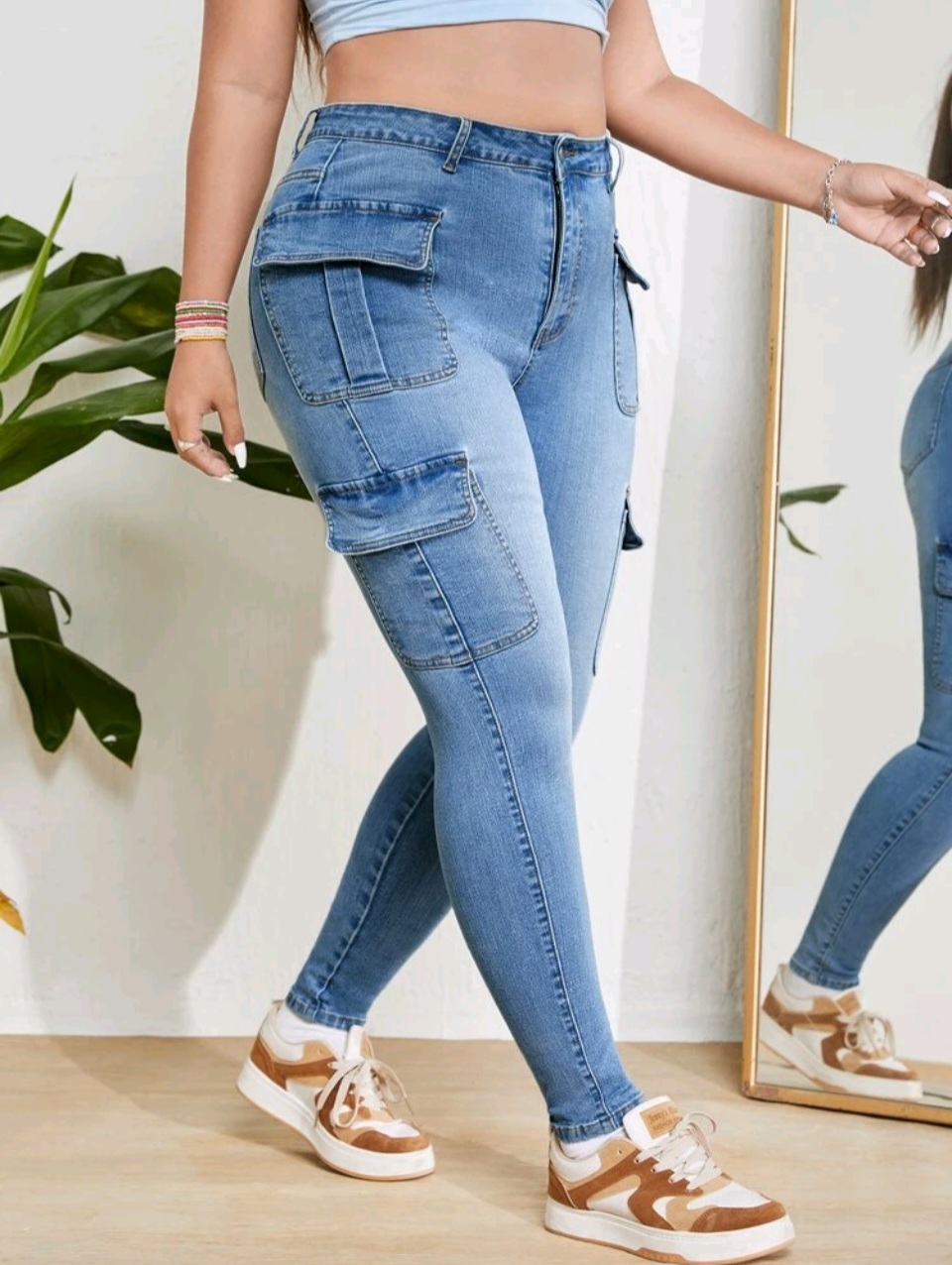 6 Pockets Wide Leg Denim Jeans Cargo Pants for Women 2740