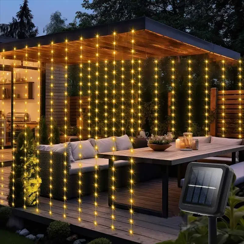 Solar Curtain String Lights Outdoor Waterproof 8 Lighting Modes Curtain Fairy Lights For Wedding Party Decoration