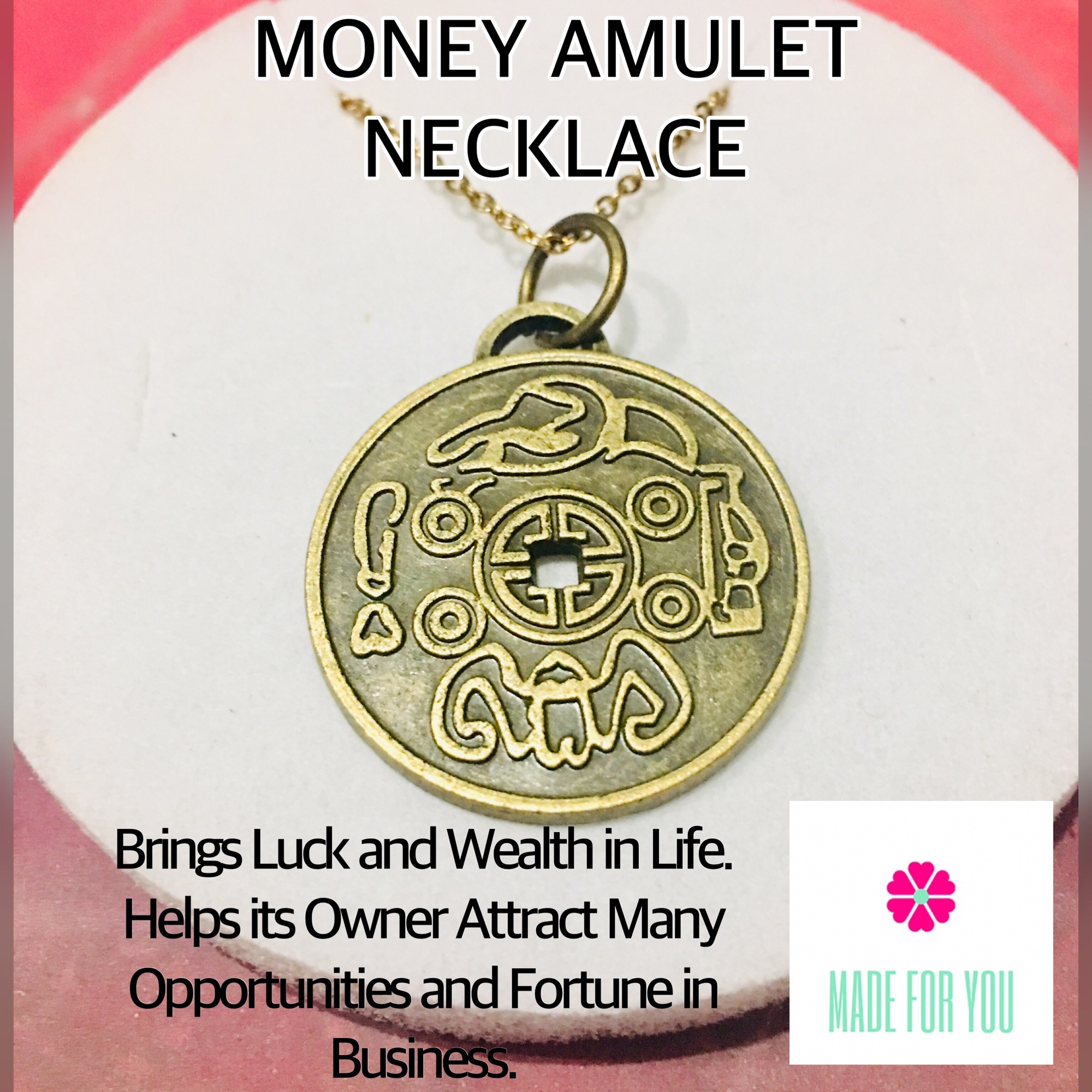 Money Amulet Lucky Charm with Non-Tarnish Gold Plated Necklace