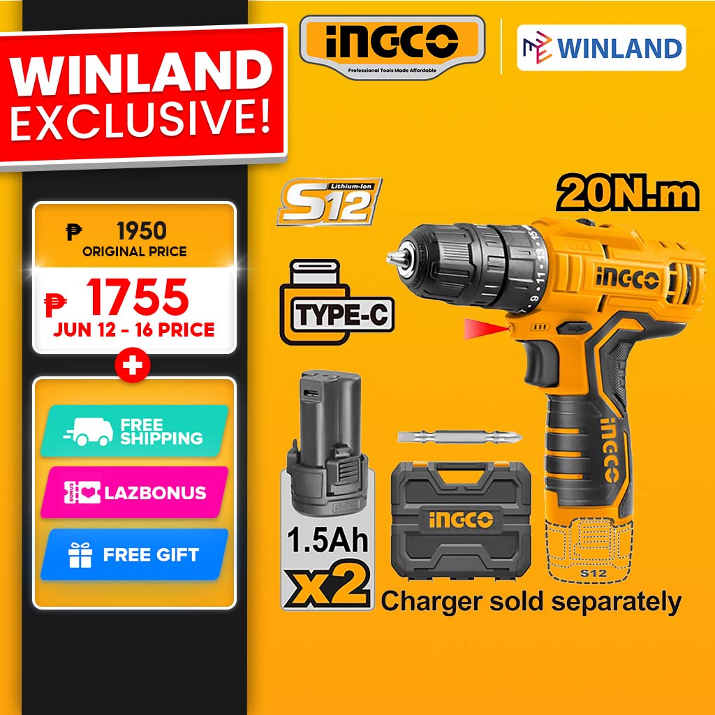 INGCO Lithium-Ion Cordless Drill 12V with 2 Batteries