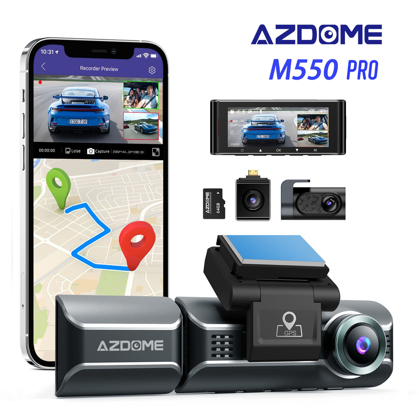 AZDOME M550/M550 Pro 3 Channel Lens 4K Car Dash Cam with Night Vision WiFi GPS,Front and Rear,Cabin Inside 2K Three Way Ultra Full HD 1080P Dash Cameras Dashboard BackUp Camera Dashcam for Car with Memory Card Inch Car Monitor Screen