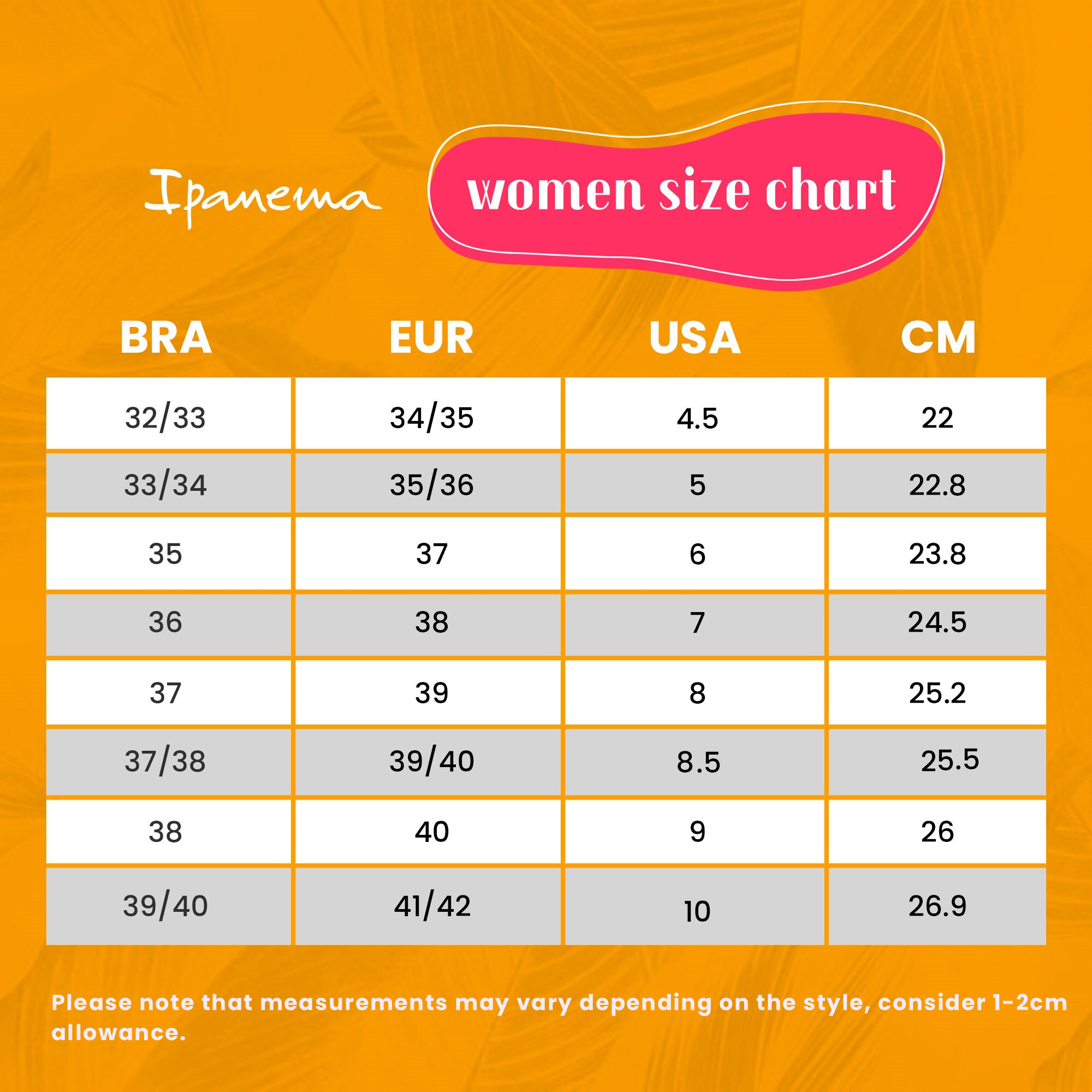 Ipanema footwear deals size chart