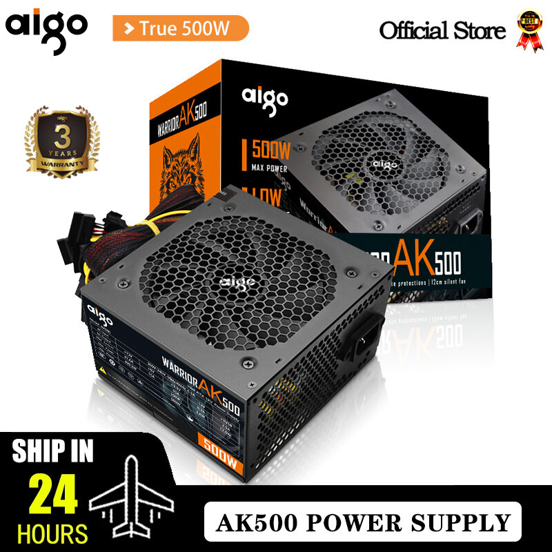 Aigo AK 500W PC Psu Power Supply Unit Black Gaming Quiet 120mm Rgb Fan 24pin 12V Atx Desktop Computer Power Supply for Btc