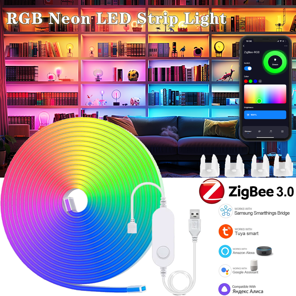 Zigbee3.0 5V USB RGB Neon LED Strip 1M 2M 3M 5M IP65 RGBIC Neon Lamp Tape Kitchen Cabinet TV Room Night Light for Tuya Alexa